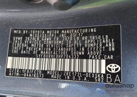 2017 Toyota Corolla Se z USA, uszkodzony, nr VIN 5YFBURHE0HP704332